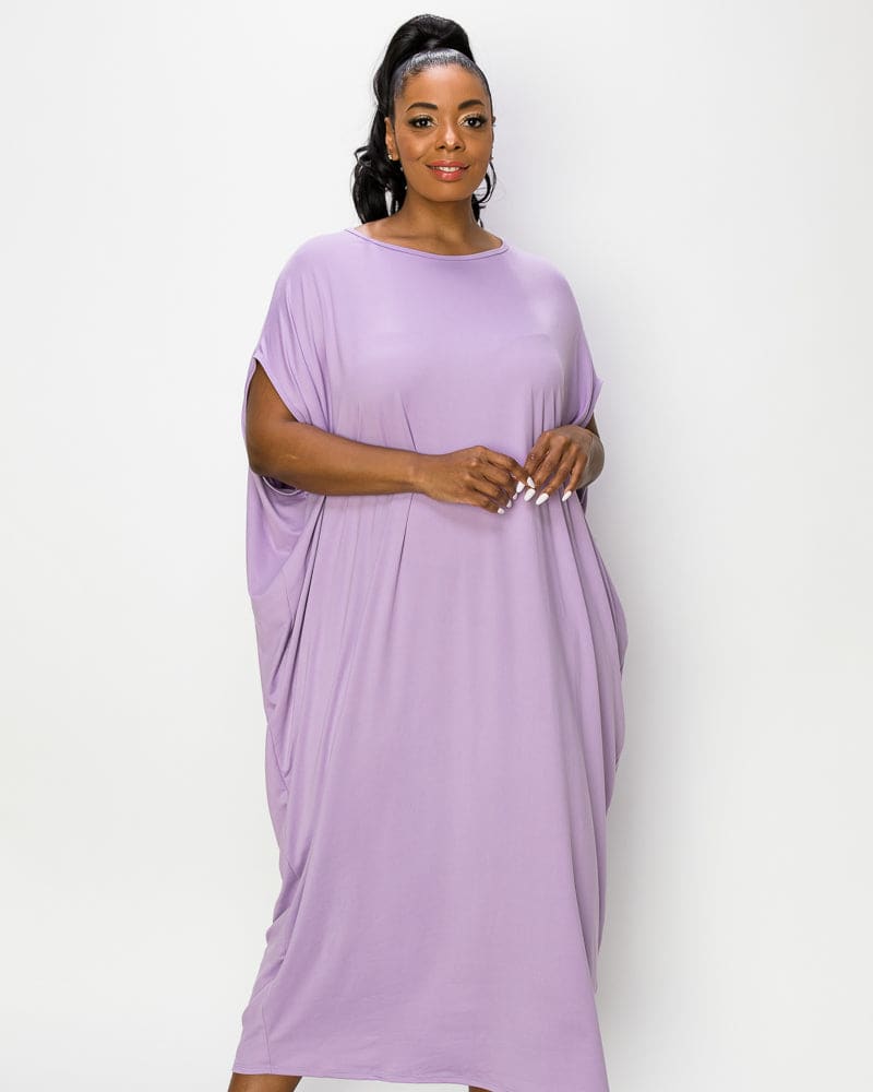 Front of a model wearing a size 2X Sasha Kaftan Dress in Lavender by L I V D. | dia_product_style_image_id:240491